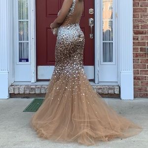 Tan Bronze Stone Encrusted Sparkly Gown Prom Dress